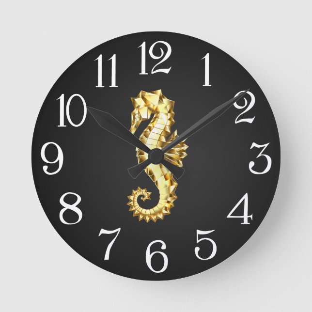 Gold Polygonal Seahorse Round Clock (Front)