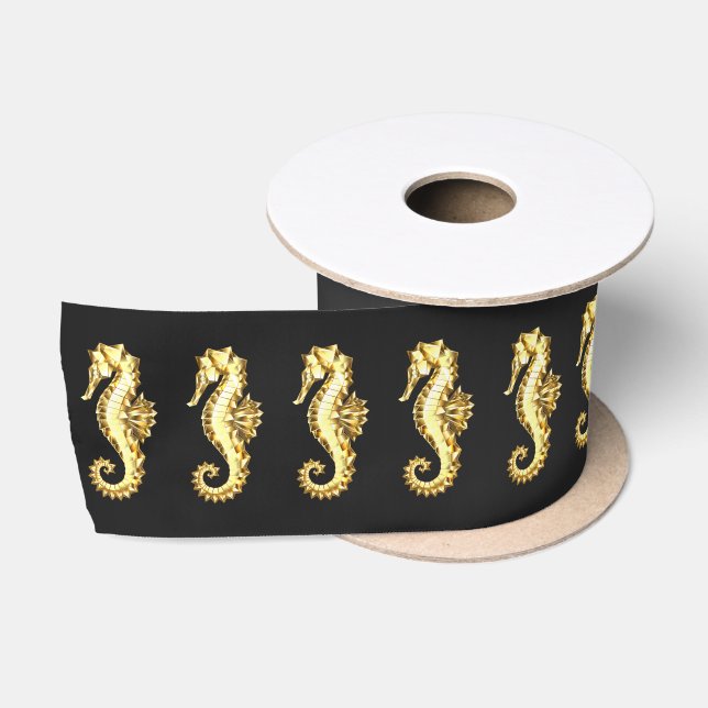 Gold Polygonal Seahorse Satin Ribbon (Spool)