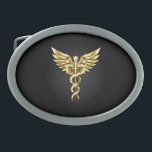 Gold Polygonal Symbol Caduceus Belt Buckle<br><div class="desc">Gold polygonal Caduceus symbols on black isolated background. Low poly symbol of medicine.</div>