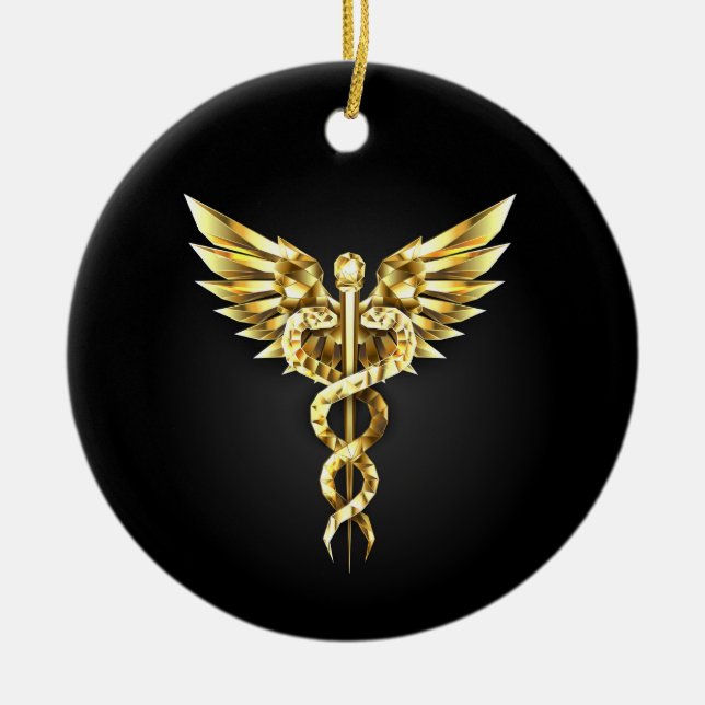 Gold Polygonal Symbol Caduceus Ceramic Tree Decoration (Front)