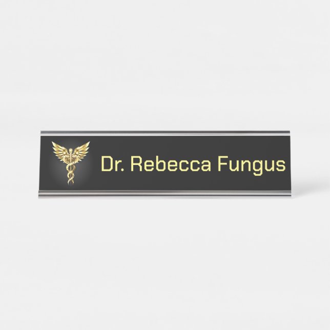 Gold Polygonal Symbol Caduceus Desk Name Plate (Front)