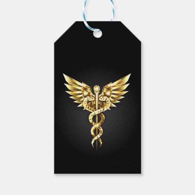 Gold Polygonal Symbol Caduceus Gift Tags (Front)