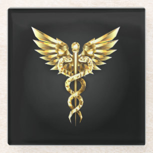Gold Polygonal Symbol Caduceus Glass Coaster