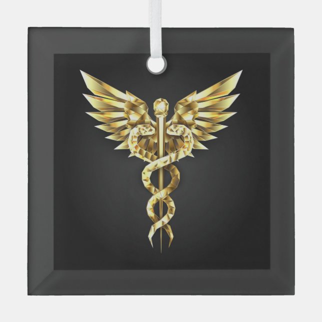 Gold Polygonal Symbol Caduceus Glass Tree Decoration (Front)