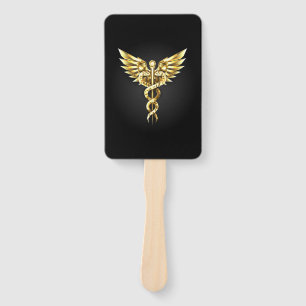 Gold Polygonal Symbol Caduceus Hand Fan