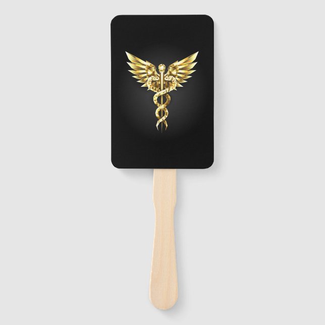 Gold Polygonal Symbol Caduceus Hand Fan (Front)