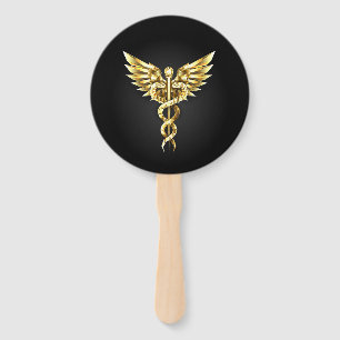 Gold Polygonal Symbol Caduceus Hand Fan
