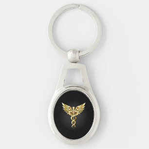 Gold Polygonal Symbol Caduceus Key Ring