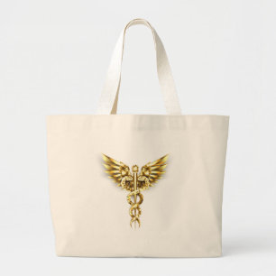 Gold Polygonal Symbol Caduceus Large Tote Bag