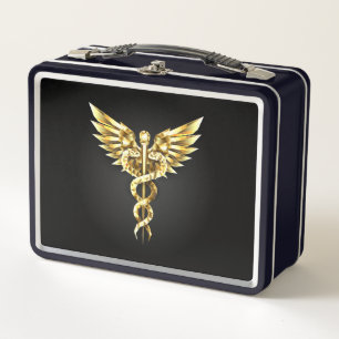Gold Polygonal Symbol Caduceus Metal Lunch Box