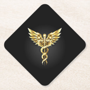 Gold Polygonal Symbol Caduceus Paper Coaster
