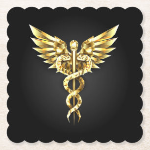 Gold Polygonal Symbol Caduceus Paper Coaster