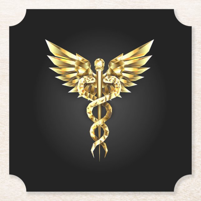 Gold Polygonal Symbol Caduceus Paper Coaster (Front)