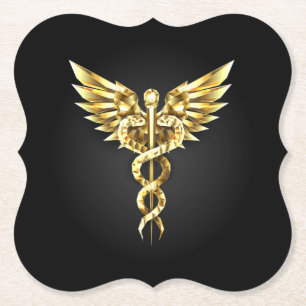 Gold Polygonal Symbol Caduceus Paper Coaster