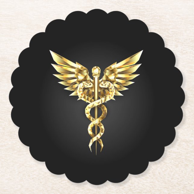 Gold Polygonal Symbol Caduceus Paper Coaster (Front)