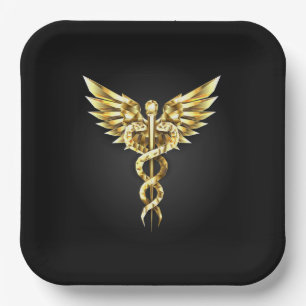 Gold Polygonal Symbol Caduceus Paper Plate