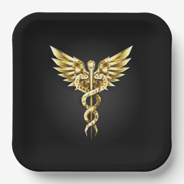 Gold Polygonal Symbol Caduceus Paper Plate (Front)