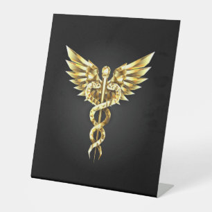 Gold Polygonal Symbol Caduceus Pedestal Sign