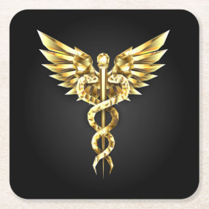 Gold Polygonal Symbol Caduceus Square Paper Coaster