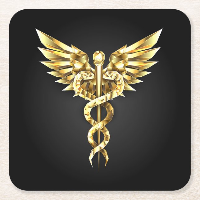 Gold Polygonal Symbol Caduceus Square Paper Coaster (Front)