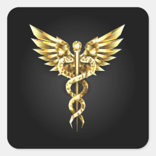 Gold Polygonal Symbol Caduceus Square Sticker