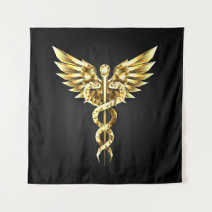 Gold Polygonal Symbol Caduceus Tapestry