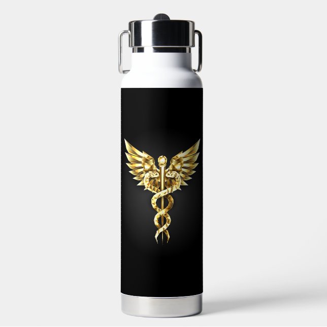 Gold Polygonal Symbol Caduceus Water Bottle (Front)