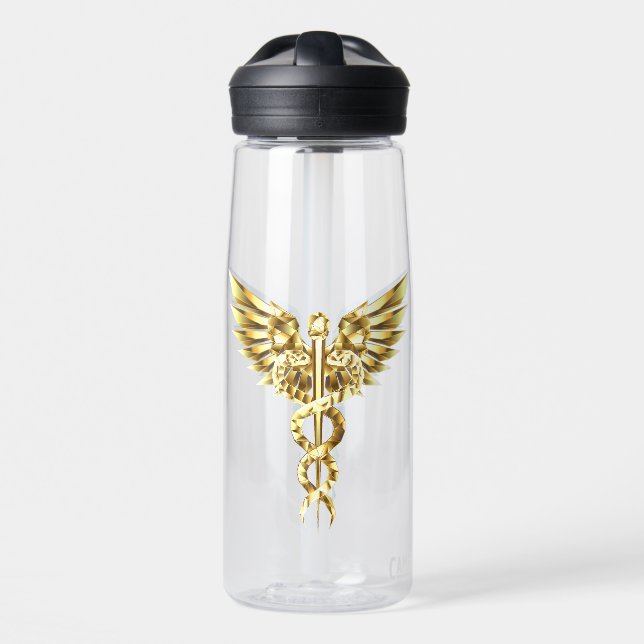 Gold Polygonal Symbol Caduceus Water Bottle (Front)