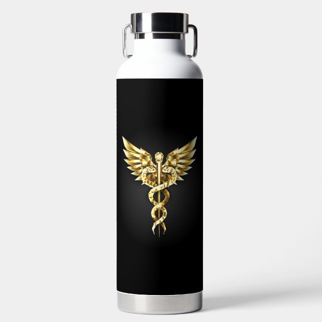 Gold Polygonal Symbol Caduceus Water Bottle (Front)