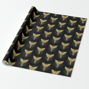 Gold Polygonal Symbol Caduceus Wrapping Paper