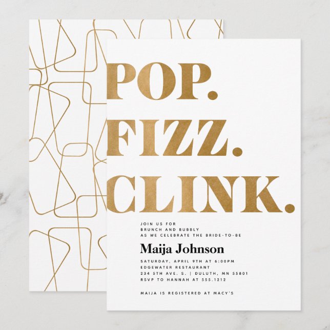 Gold Pop Fizz Clink Bridal Shower Invitation (Front/Back)