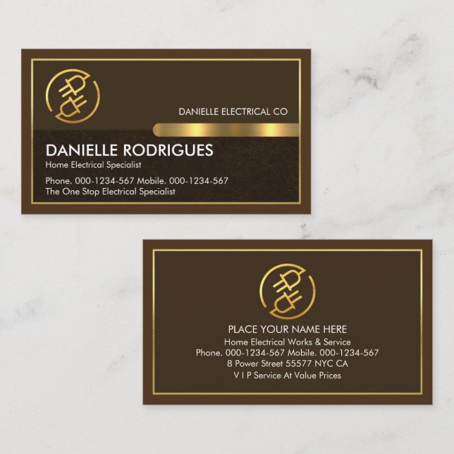 Gold Power Plugs On Brown Layers Gold Frame Business Card (Front/Back)