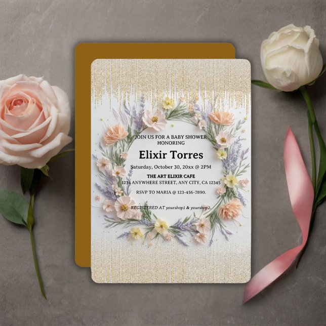 Gold Pressed Wildflower in Bloom Baby Shower Invitation (Creator Uploaded)