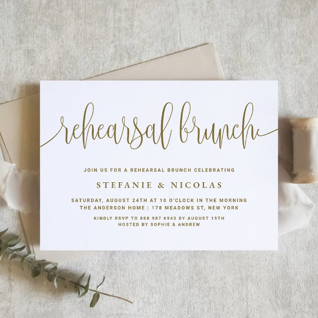 Gold Pretty Calligraphy Rehearsal Brunch Invitation (Creator Uploaded)