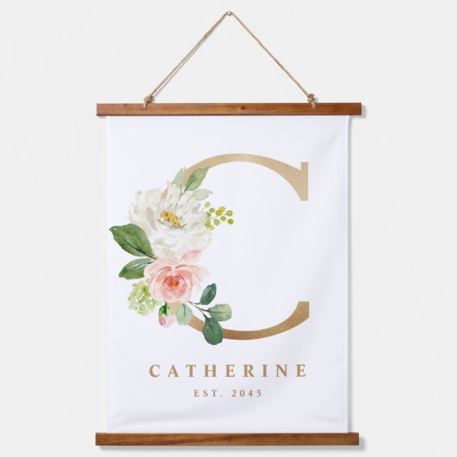 Gold Pretty Floral Monogram Letter C Baby Nursery Hanging Tapestry (Front)