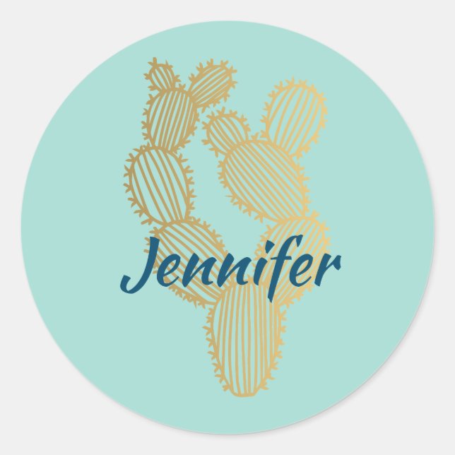 Gold Prickly Cactus Doodle Personalised  Classic Round Sticker (Front)