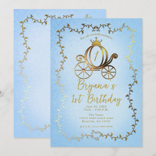 Gold Princess Carriage Blue Storybook 1st Birthday Invitation