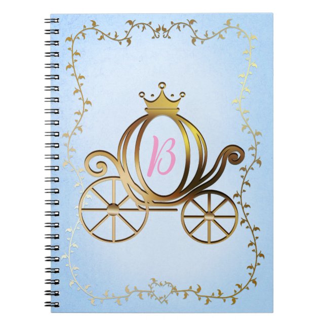 Gold Princess Carriage Blue Storybook Personalised Notebook (Front)