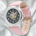Gold Princess Crown Girl's Watch<br><div class="desc">Personalise this watch for your favourite little princess with her own initials next to a sparkly gold colour crown printed on the watch face.  Shown here in pink and black,  but you'll have many other strap colours and bezel styles to personalise it even further.  Great birthday or Christmas gift.</div>