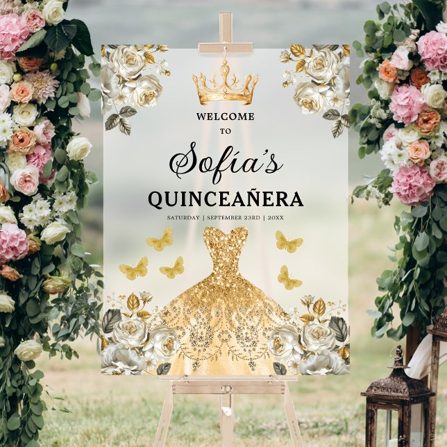 Gold Princess Quinceañera Birthday Welcome  Acrylic Sign (Creator Uploaded)