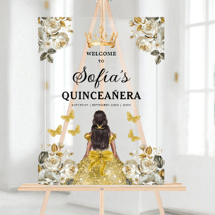 Gold Princess Quinceañera Birthday Welcome  Acrylic Sign