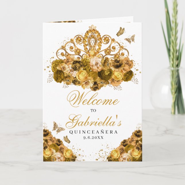 Gold Princess Tiara Quinceanera Program Invitation (Front)