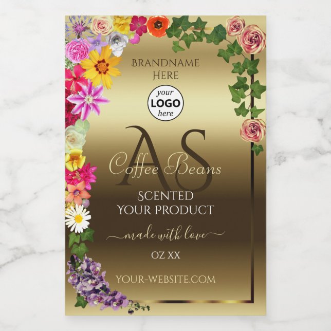 Gold Product Labels Colourful Flowers Monogram Log (Single Label)