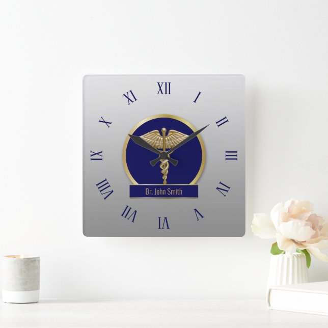 Gold Professional Medical Caduceus Blue Name Square Wall Clock (Home)