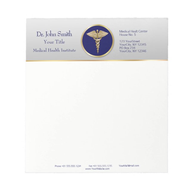 Gold Professional Medical Caduceus Blue Notepad (Front)