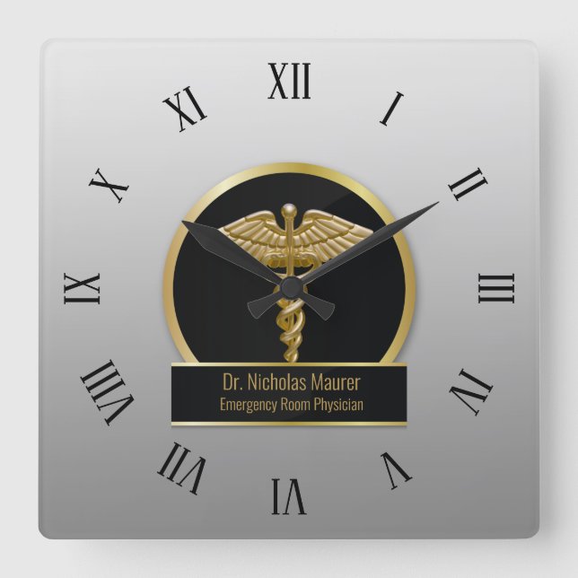 Gold Professional Medical Caduceus | CUSTOM Square Wall Clock (Front)