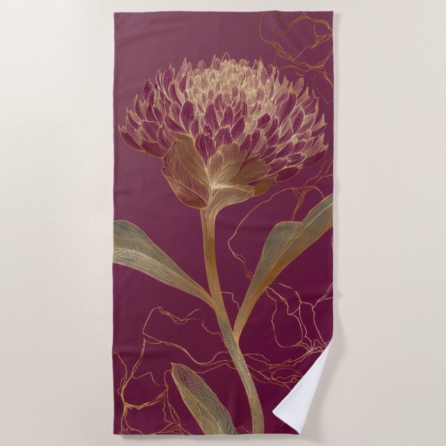 Gold Protea Flower Burgundy Botanical Linework Beach Towel (Front)