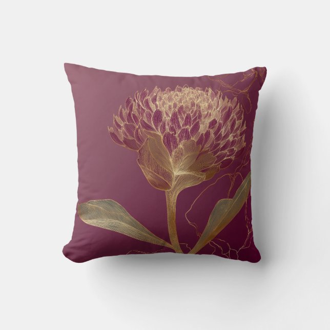 Gold Protea Flower Burgundy Botanical Linework Cushion (Front)