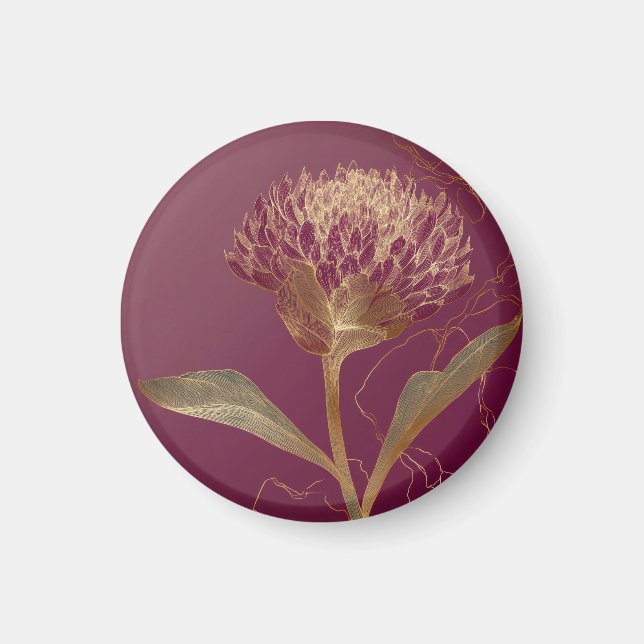 Gold Protea Flower Burgundy Botanical Linework Magnet (Front)