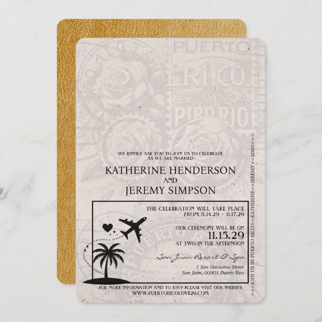 Gold Puerto Rico Passport Wedding Invitation (Front/Back)